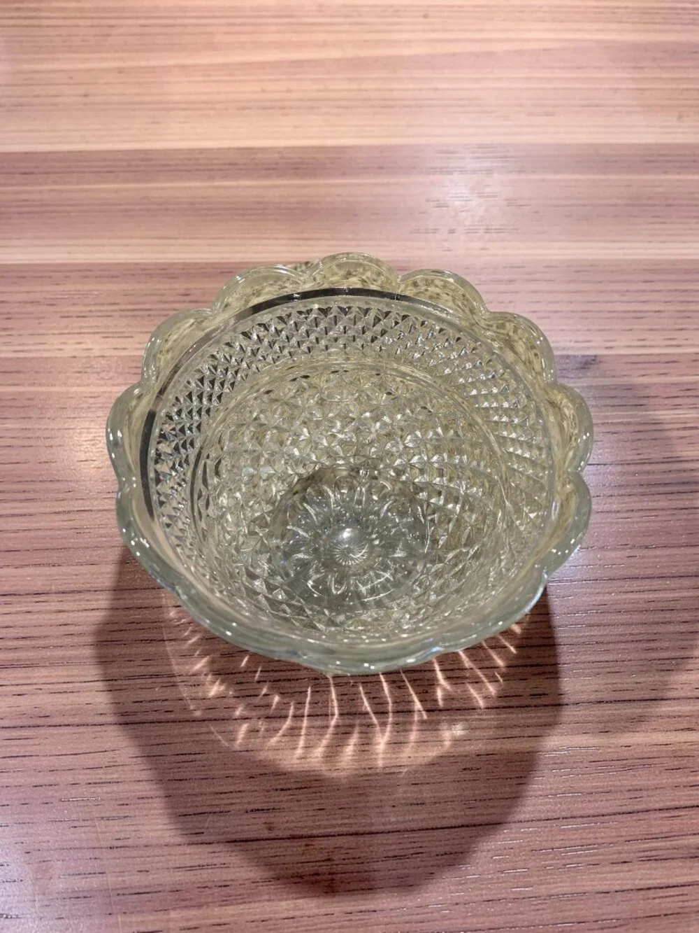 Vintage Mid Century Clear Diamond Point Pedestal Bowl Scalloped Glass Compote